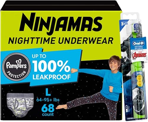 Pampers Ninjamas + Oral-B Cepillo de dientes, pantalones de entrenamiento nocturno para niños, 68 unidades, talla L y Oral-B Kids Power Cepillo de