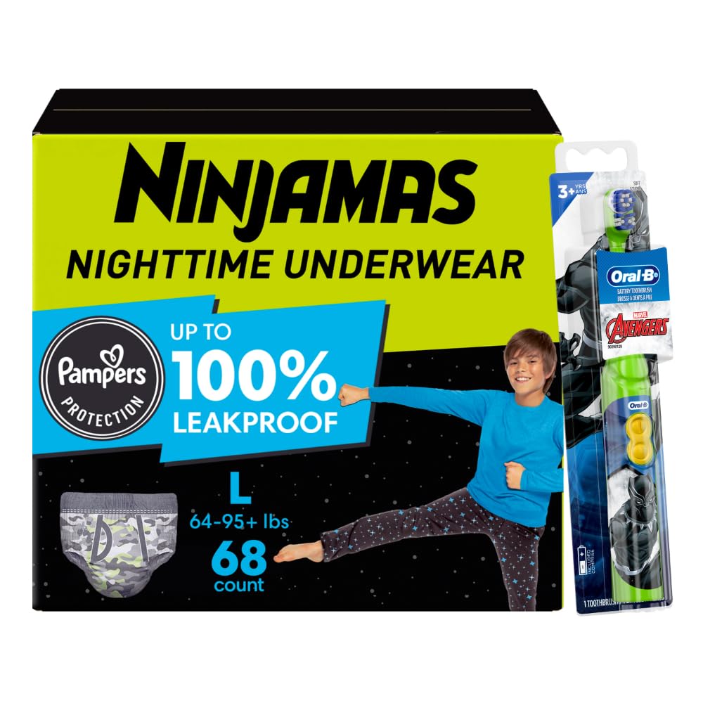 Pampers Ninjamas + Oral-B Toothbrush, Nighttime Training Pants Boys, 68 Count, Size L &amp; Oral-B Kids Power Kid's Toothbrush, Avengers