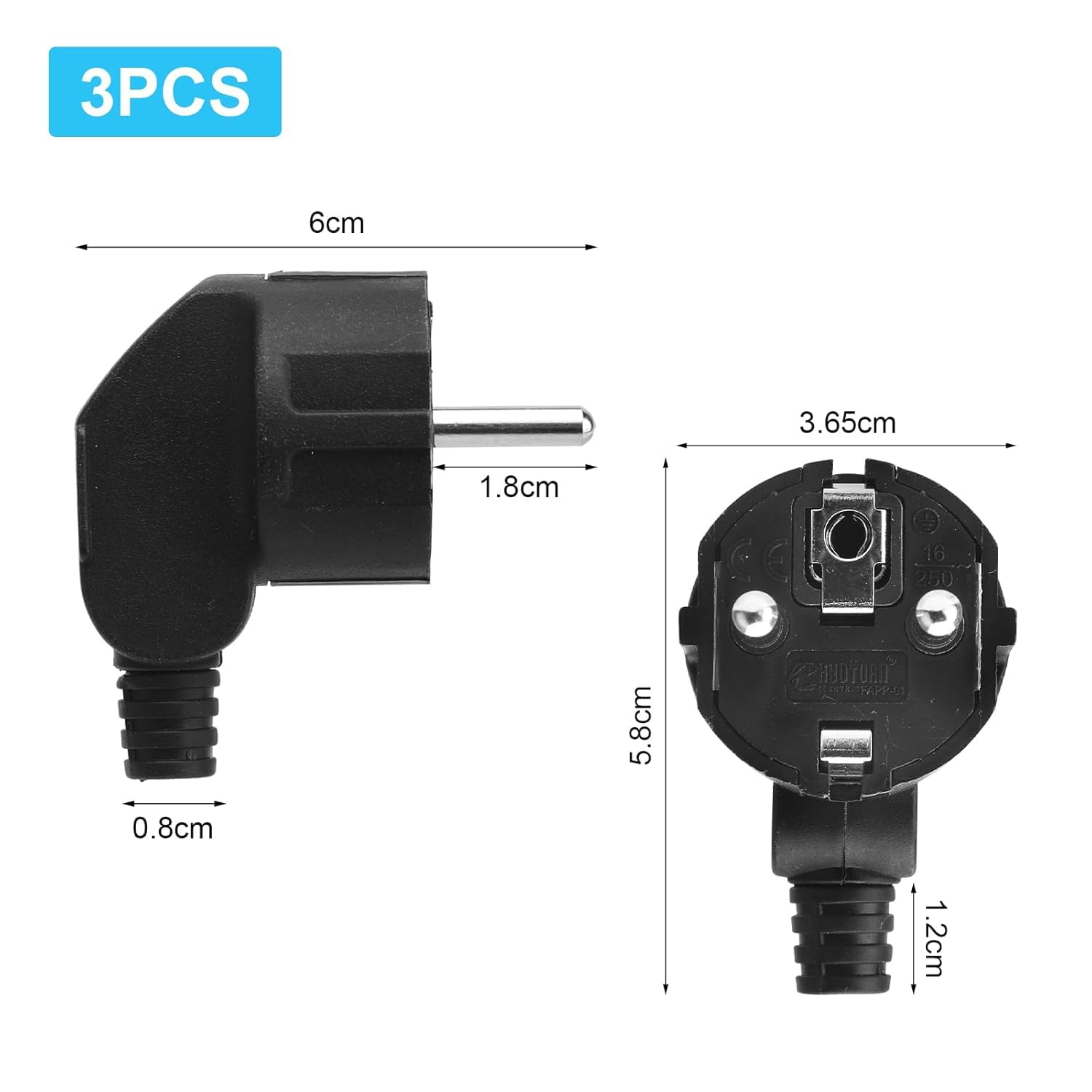 3 wtyczki Schuko, wtyki wtykowe z zestykiem ochronnym, wtyczka z zestykiem ochronnym, trwała i odporna na pękanie, wtyczka euro do kabli 8-10 mm, 250 V, 16 A