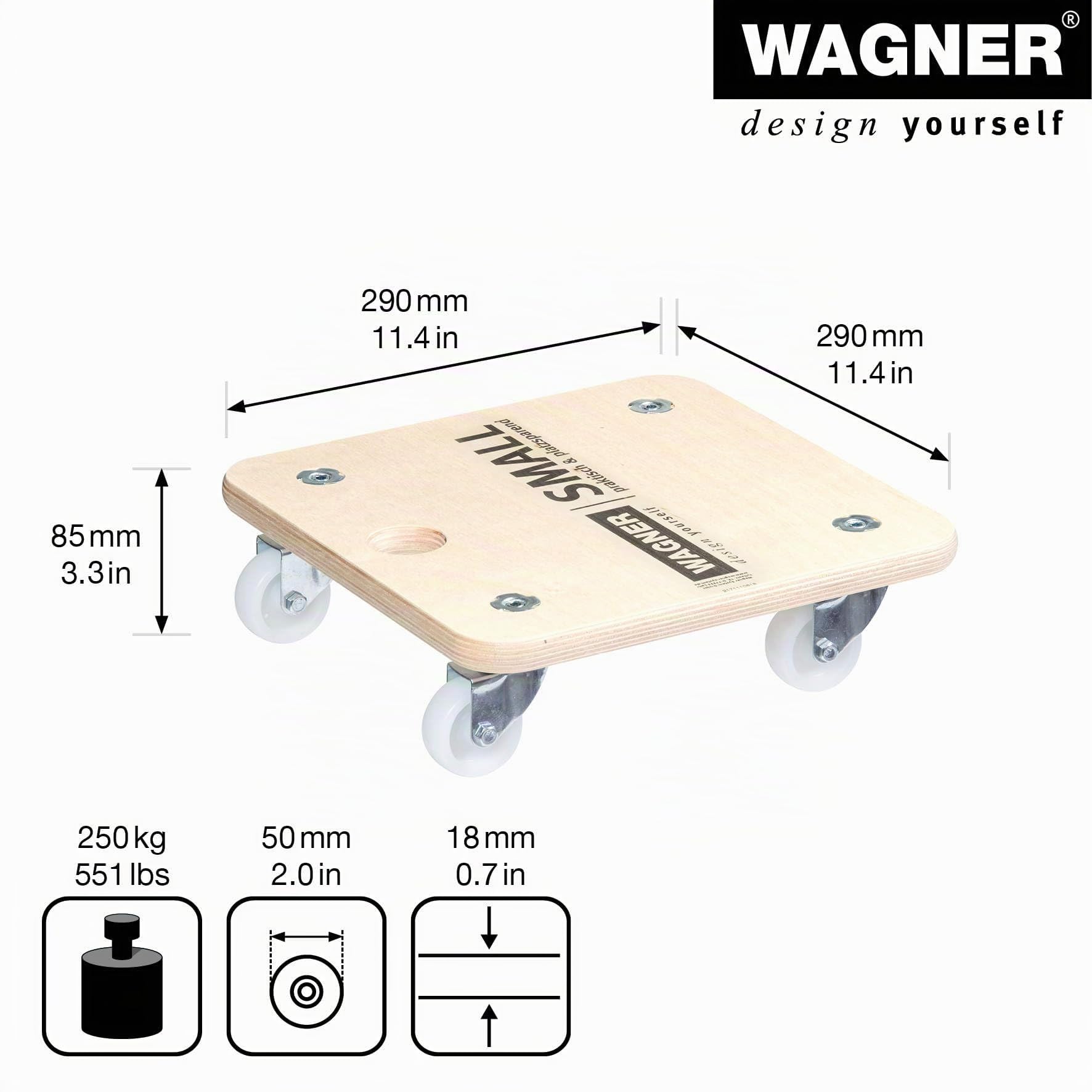 Wagner Chariot de Transport MM 1352 I 29 x 29 x 8,5 cm - Charge 250 kg - pour Objets, équipements et Meubles I Trou de préhension I très Mobile I certifié FSC® - 20135201