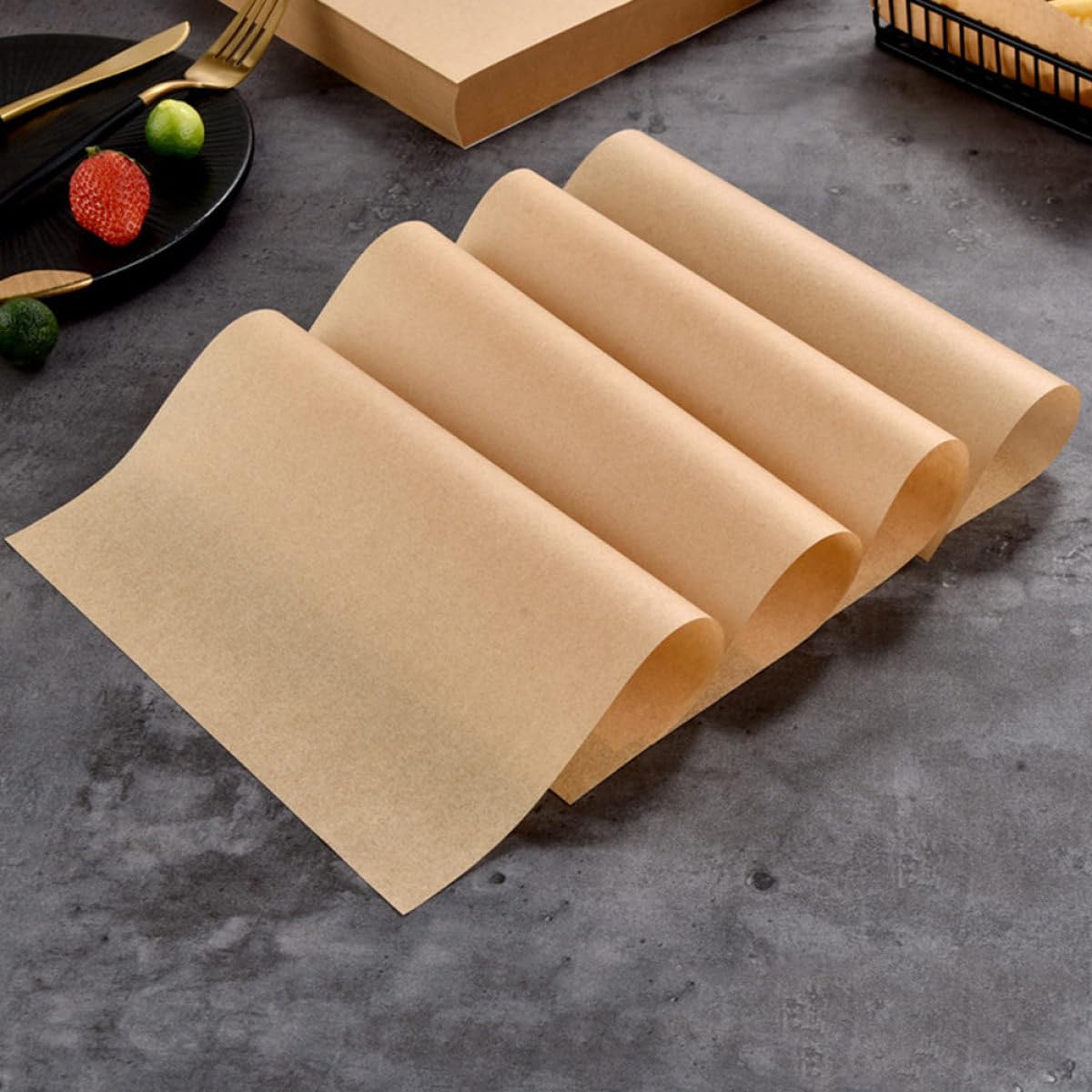 Papel Absorbente de Aceite para Freír 20x20 Cm, Papel para Hornear Resistente al Calor, Color Marrón Natural, 500 Hojas para Snacks y Catering, Tapete para Refrigerios y Frituras