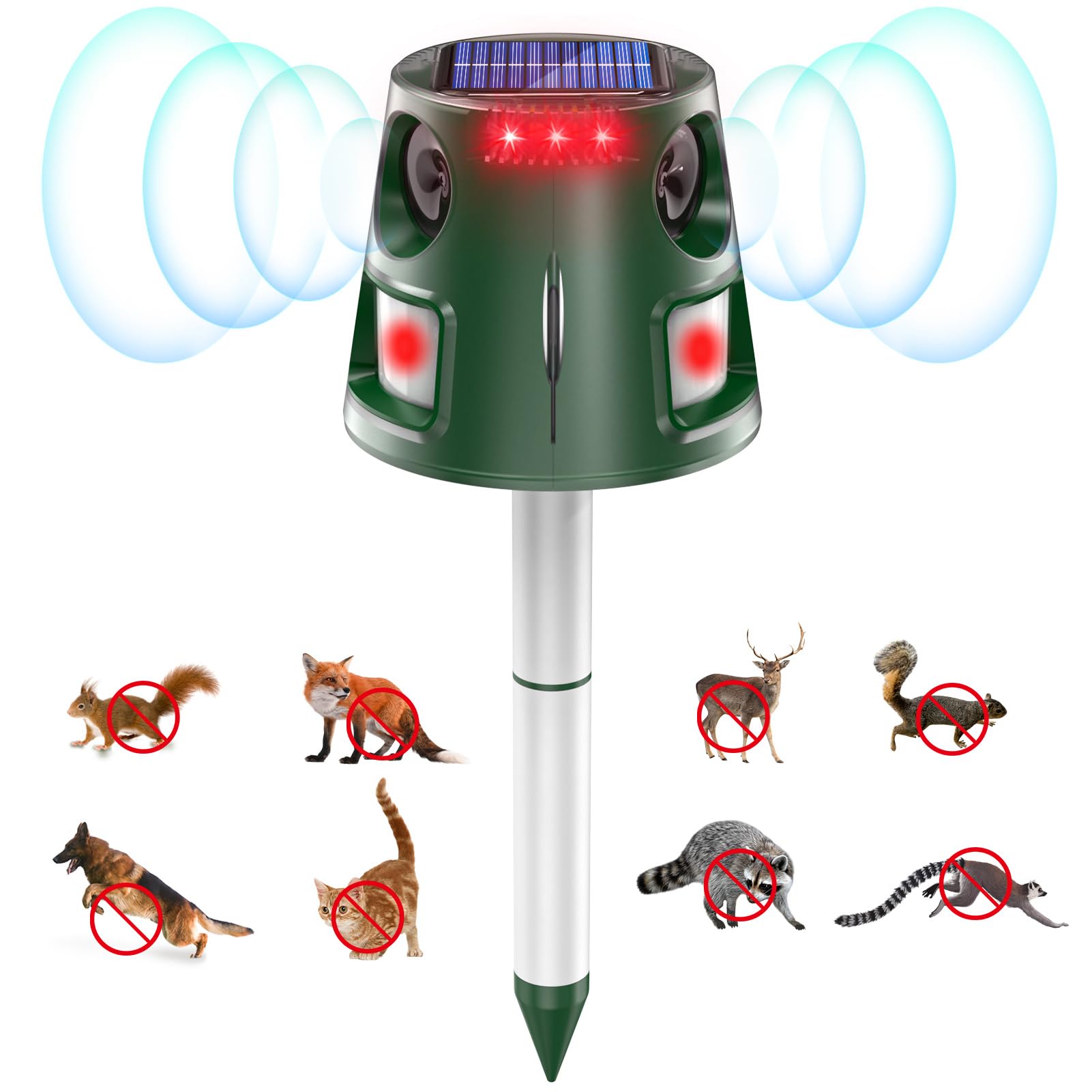 Ultrasonic Animal Repellent Outdoor, Solar Power Cat Rodent Raccoon Repeller, Squirrel Skunk Control Device with Motion Sensor and FIashing Light, Waterproof Rabbt Snake Deterrent for Outdoor