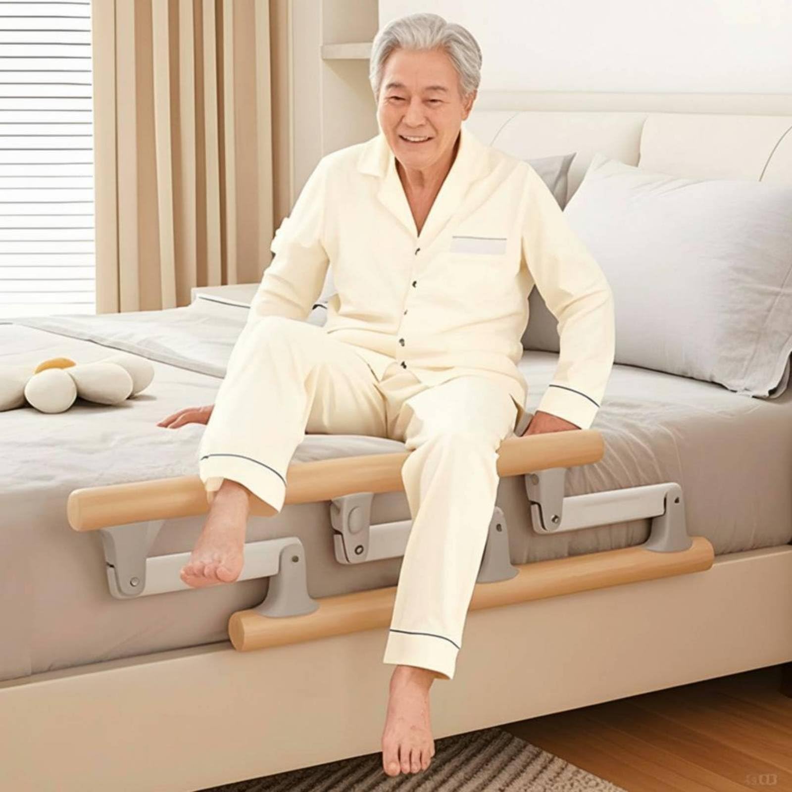 Protector Lateral Plegable sin Instalación Barandal Ajustable Agarre Firme para Ancianos, Pacientes, Barandilla De Cama De Madera Maciza De Tres Postes