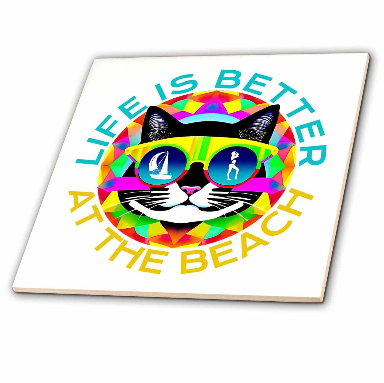 8 Inch Ceramic Tile - Life is Better at The Beach Text and Funny cat in Sunglasses Gift Alexis Design - Animals Cat in Round Frame