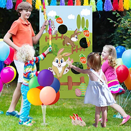 Kithouse Easter Toss Game with 3 Bunny Bean Bags for Kids Adults + Balloon Stand Kit Easter Eggs Hunt Bunnies Game Party Favors Supplies Easter Decorations Outdoor