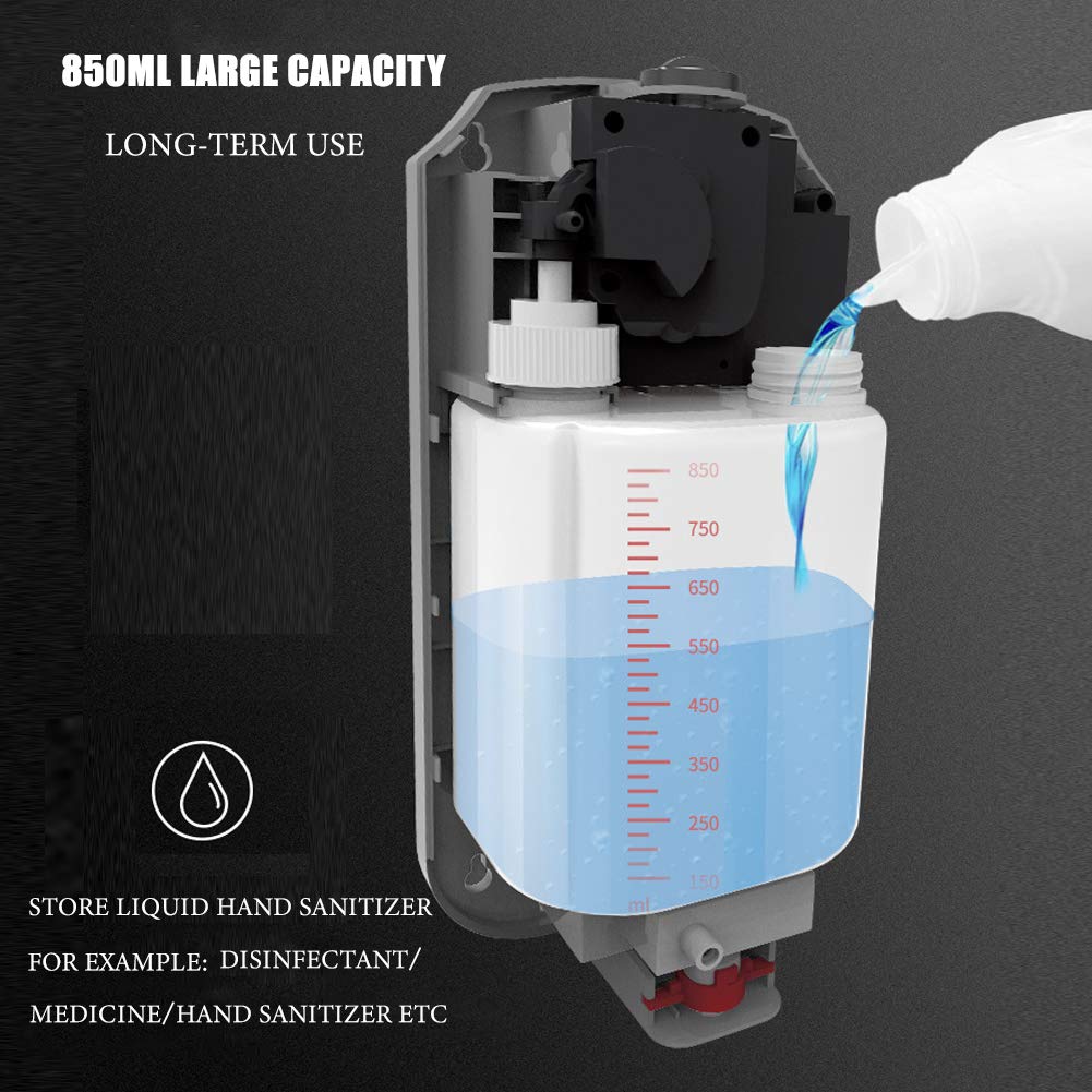 Dispensador Jabón Montaje en Pared, Dispensador Inteligente de Jabón Manos con Sensor Sin Contacto en Aerosol 850mL con Alarma Automática Manos Libres para Anomalías Gotas Grises (Grey)