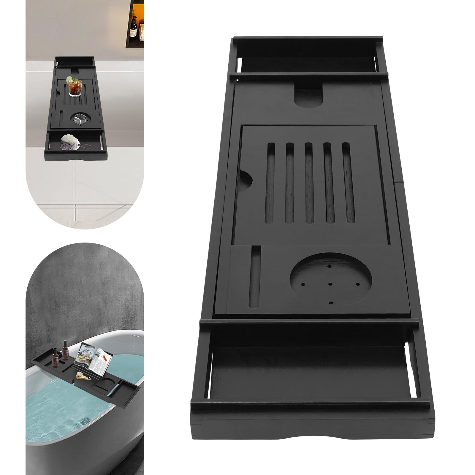 Bandeja de baño de bambú expandible con ranuras de almacenamiento ajustable de 79 a 111 cm, accesorios de baño elegantes, se adapta a la mayoría de las bañeras, color negro, perfecto para una