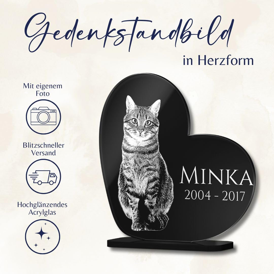Gedenkstandbild Gedenktafel mit Gravur Fotogravur | Grabstein Katze Herz stehend in 2 Größen | Grabschmuck graviert für Katzen oder Kater - Grabplatte im Kerzenschein leuchtend