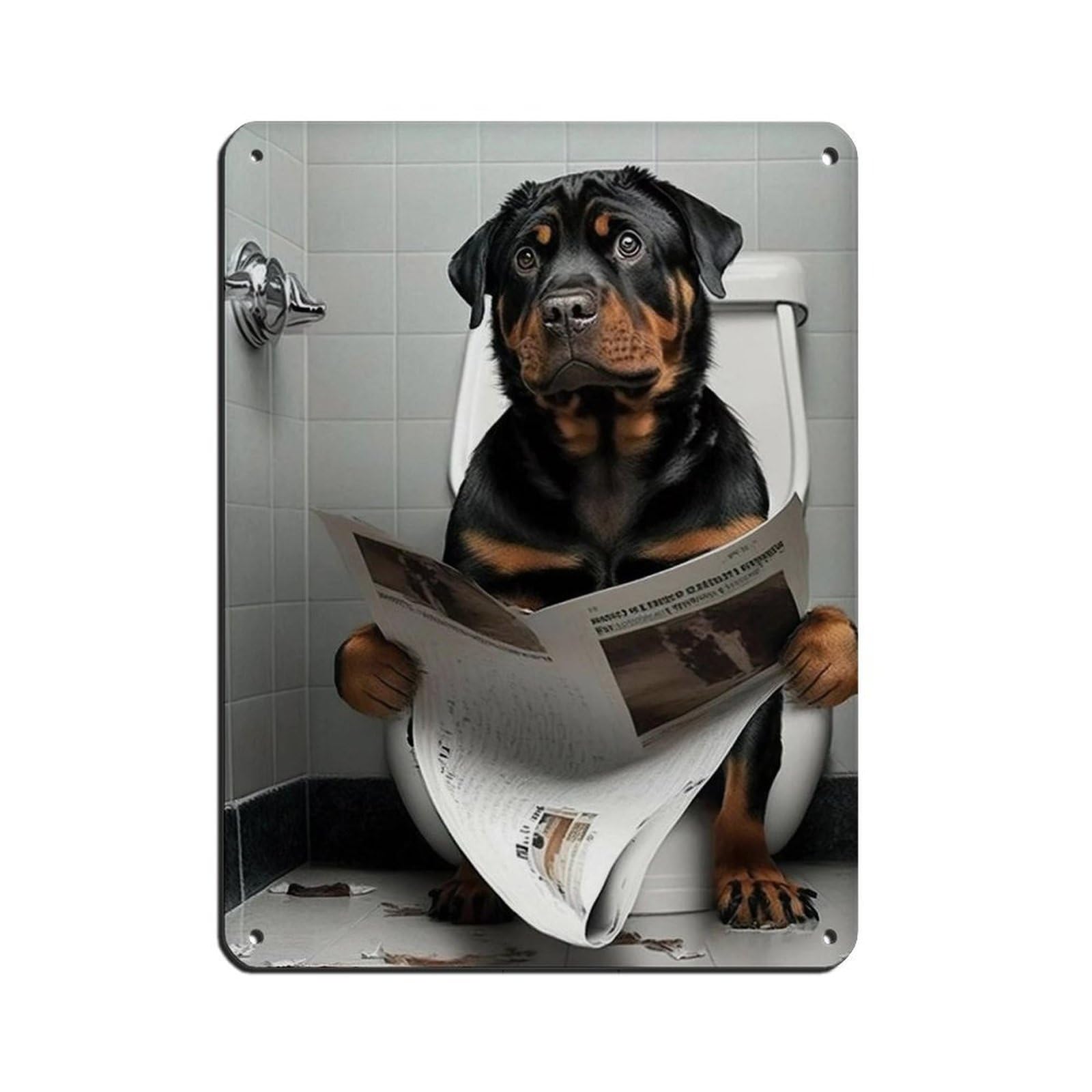 Rottweiler Sitting on The Toilet Reading A Newspaper Tin Sign Vintage Metal Pub Club Cafe Bar Home Wall Art Decoration Poster Retro 12x16inch(30x40cm)
