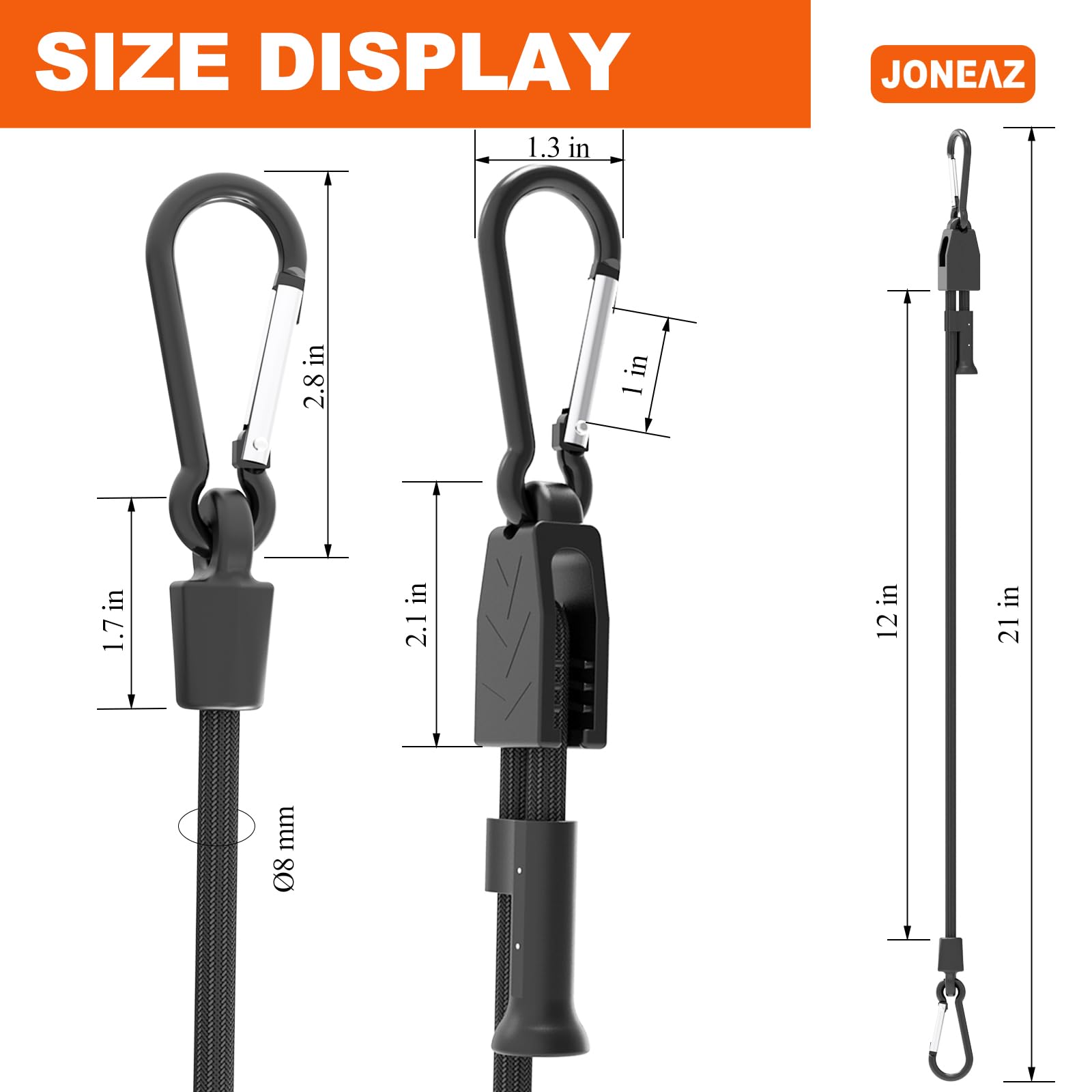 8 szt. sznurków bungee 30 cm z haczykami, regulowany, wytrzymały, czarny, odporny na promieniowanie UV pasek wstrząsowy z klipsami w stylu karabińczyka, 4 oferowane części zamienne