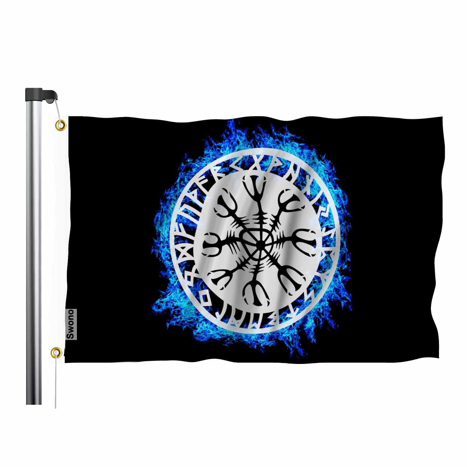 Swono Helm Of Awe Flag Banner Runic Amulet Circle Of Blue Flame 3x5 FT Big Flag Outdoor Indoor Office with Brass Grommets