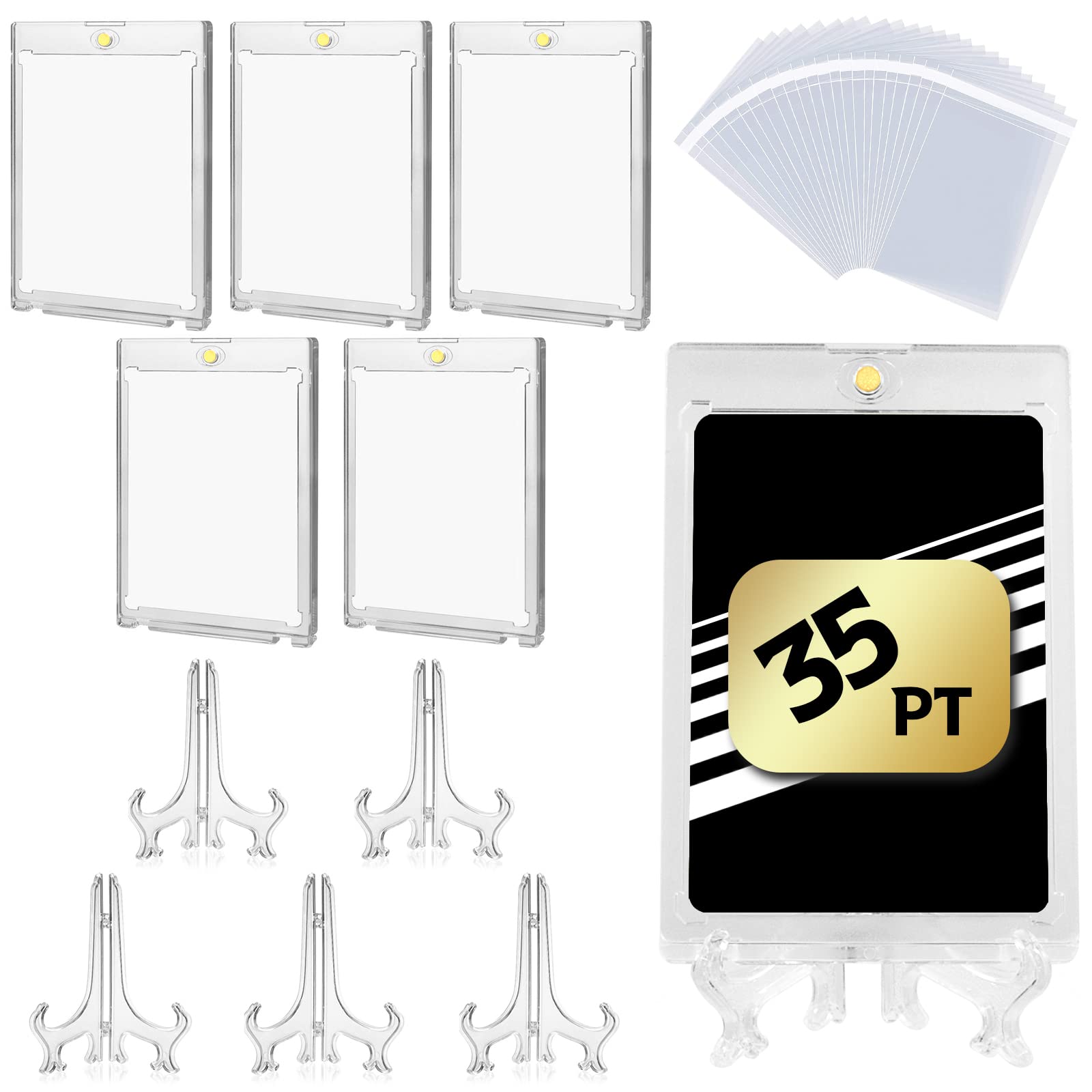 Magnetic Loader, Card Loader, 35 Pt, Pack of 5, Magnetic Card Replacement, Storage, Transparent, Double-Sided, Trading Card Storage, Card Stand, Protective Bag Included