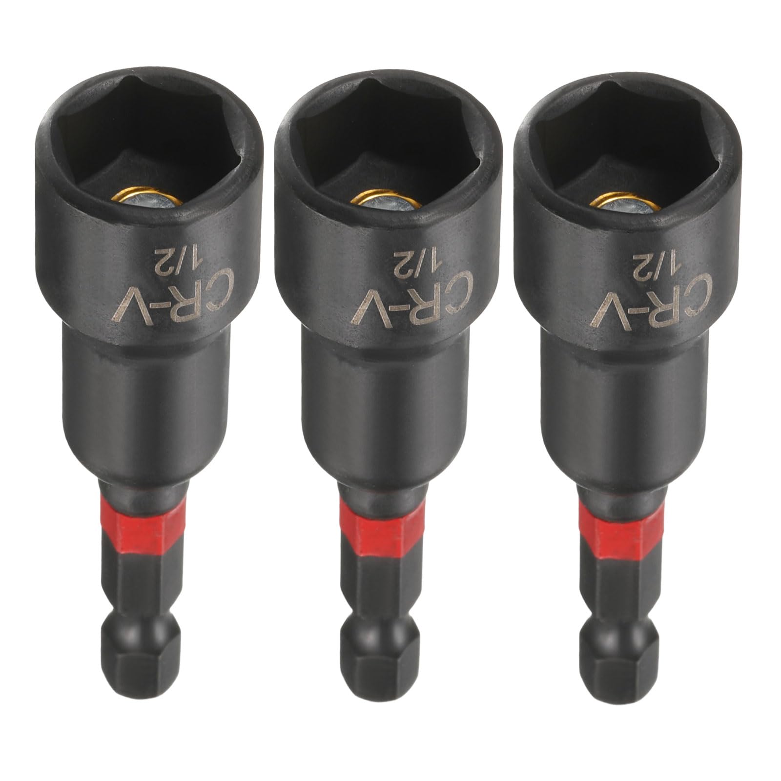 sourcing map 3pcs Nut Driver Drill Bit 1/2 Inch Socket 1/4" Hex Shank 3" (65mm) Long Magnetic 6-Point Sockets Quick Change Phosphated CR-V Steel Bolt Setters for Power Drill Drivers, Black — image 1