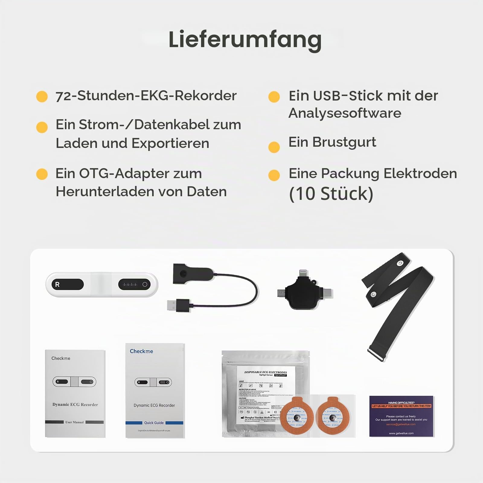 Checkme 72 Stunden EKG Gerät mit AI-EKG Analysebericht für Zuhause, Brustgurt EKG Monitor Unterstützung für PC Software, mit 10 Standard-Elektrodenpads