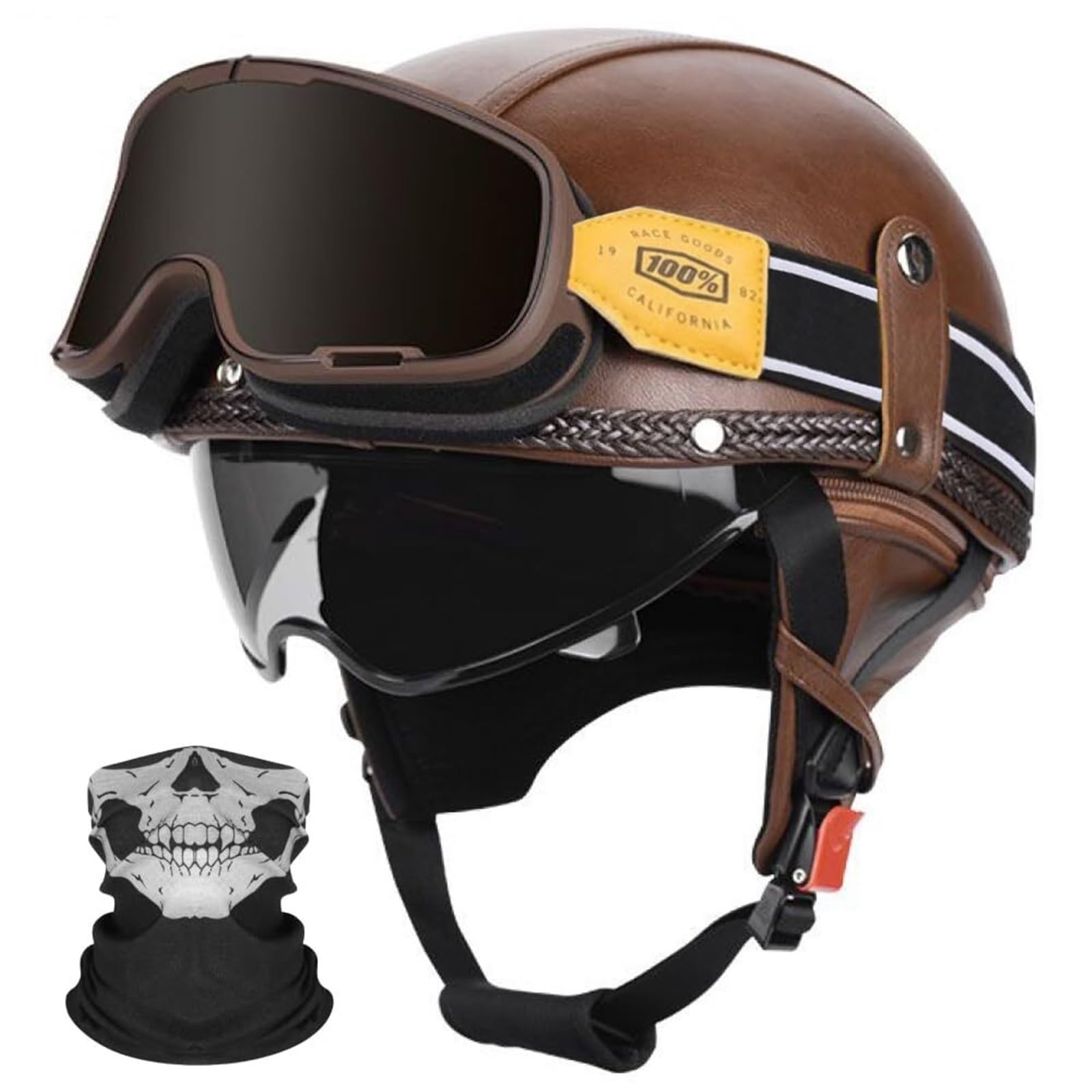 Kask Motocyklowy Typu Orzeszek Skóra Retro, Vintage Cruiser z Blendą Przeciwsłoneczną, ECE 22.06, Skorupa Anti-Mushroom z Goglami i Maską do Bobber Chopper