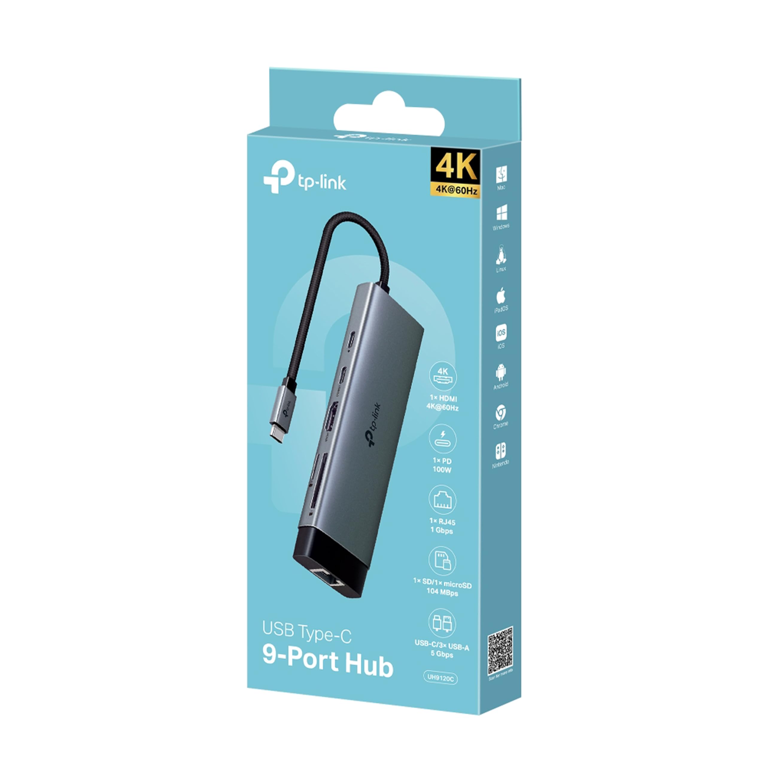 UH9120C, koncentrator USB typu C 9 w 1, 4K przy 60 Hz HDMI, 1 Gb/s Ethernet, SD i microSD UHS-I, zasilacz 100 W, 1 x port danych USB-C, 3 porty danych USB-A