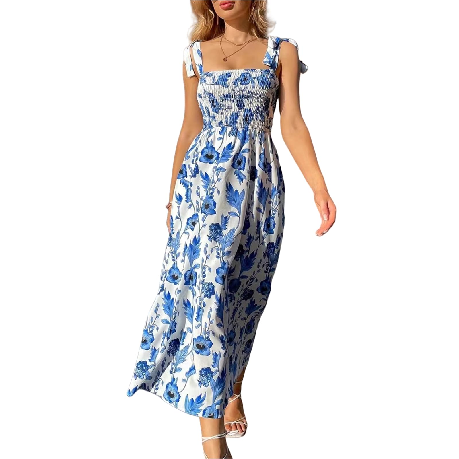 Vestido de Verano Vestido de Tirantes de Verano Femenino Vestido de Playa de Flores sin Mangas con Volantes, HUTALIM, Azul claro, XXL