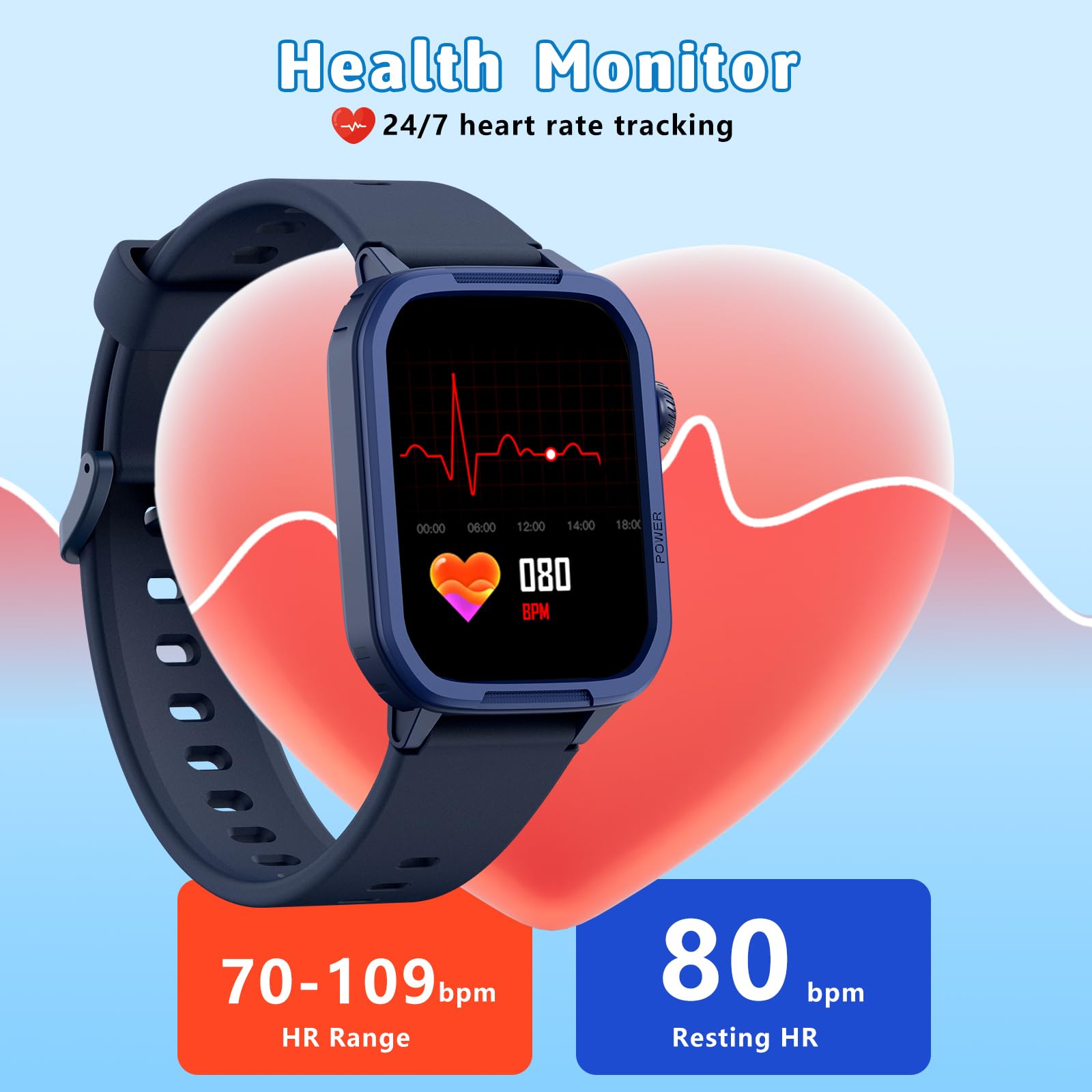 Montre connectée pour Enfant, 1.5" Montre Podometre, 19+ Modes d'entrainement, fréquence Cardiaque, Suivi du Sommeil,Longue durée, Étanche, Cadeau pour Les Filles et Les garçons 6-15 (Bleu)