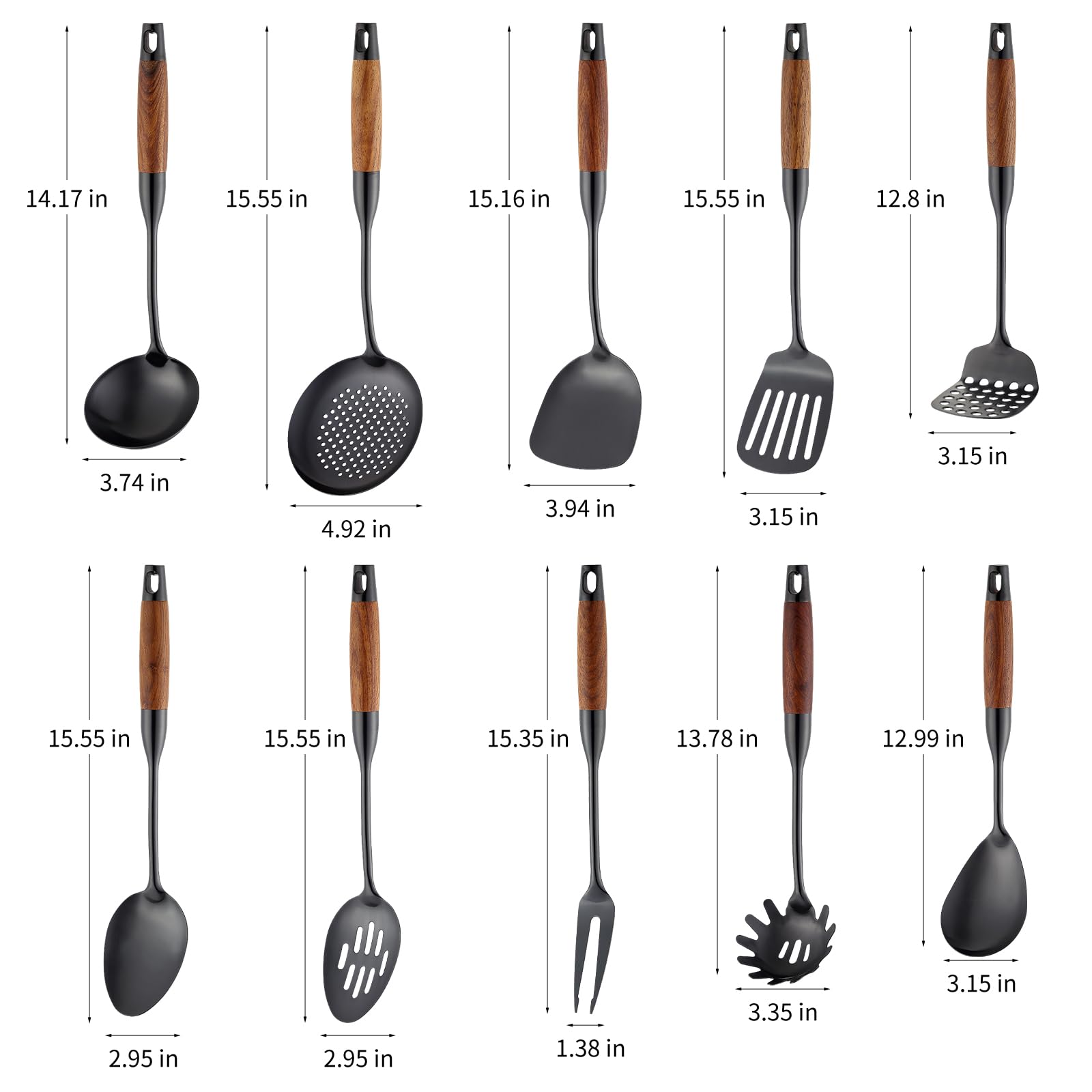 Küchenutensilien-Set aus Edelstahl mit Holzgriff, 18/10 Metall-Kochutensilien-Set, 10-teilig – Spatel, Löffel, Schöpflöffel, Schaumlöffel, Schaumwender, Pasta, Pfannenwender, Schöpflöffel, Gabel