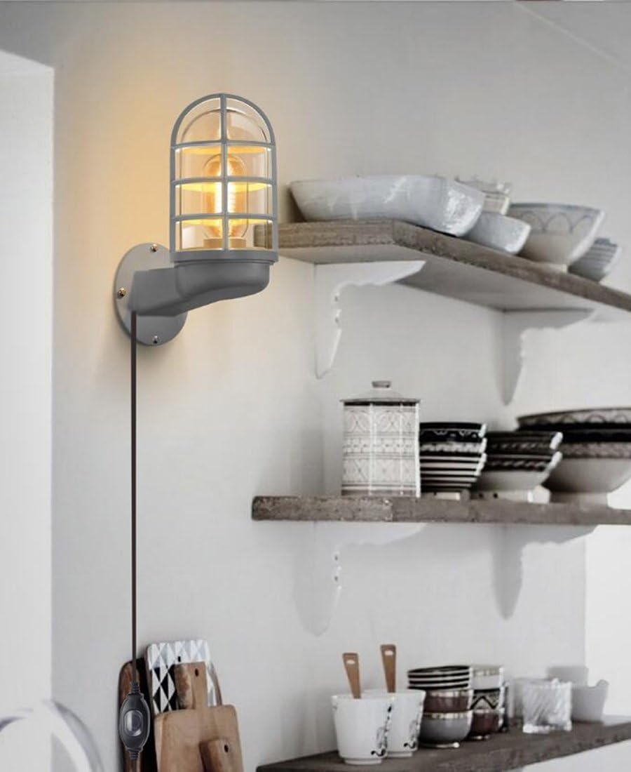 Kiven Modern Grey Cage-Light Plug-in Wall Lamps