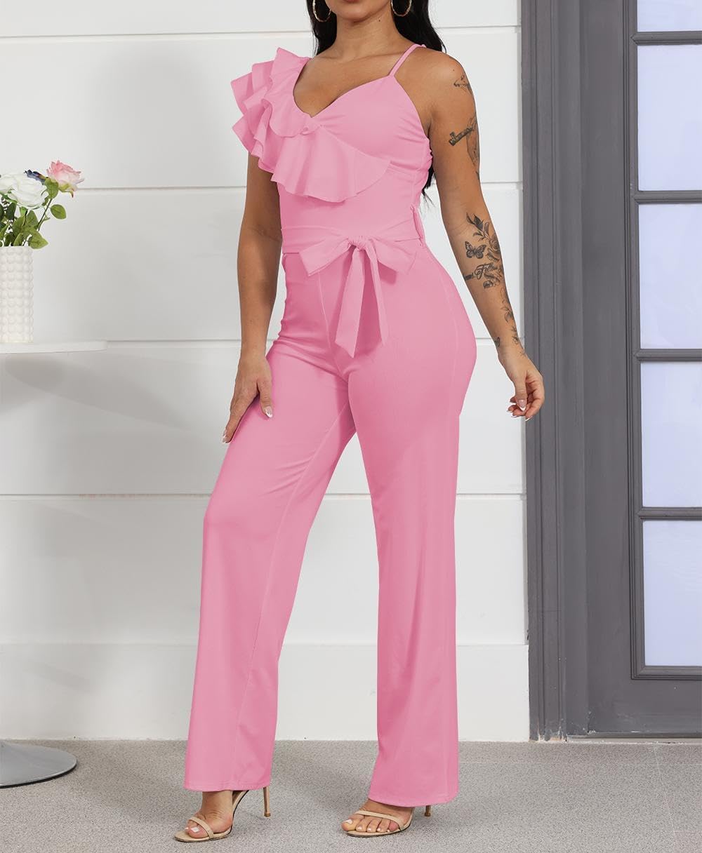 HBQ Womens Casual One Piece Jumpsuits V-Neck Sleeveless Ruffle Backless Belted Elegant Romper Wide Leg Pant Sexy Party Clubwear Overalls-Solid-XL - Image 2