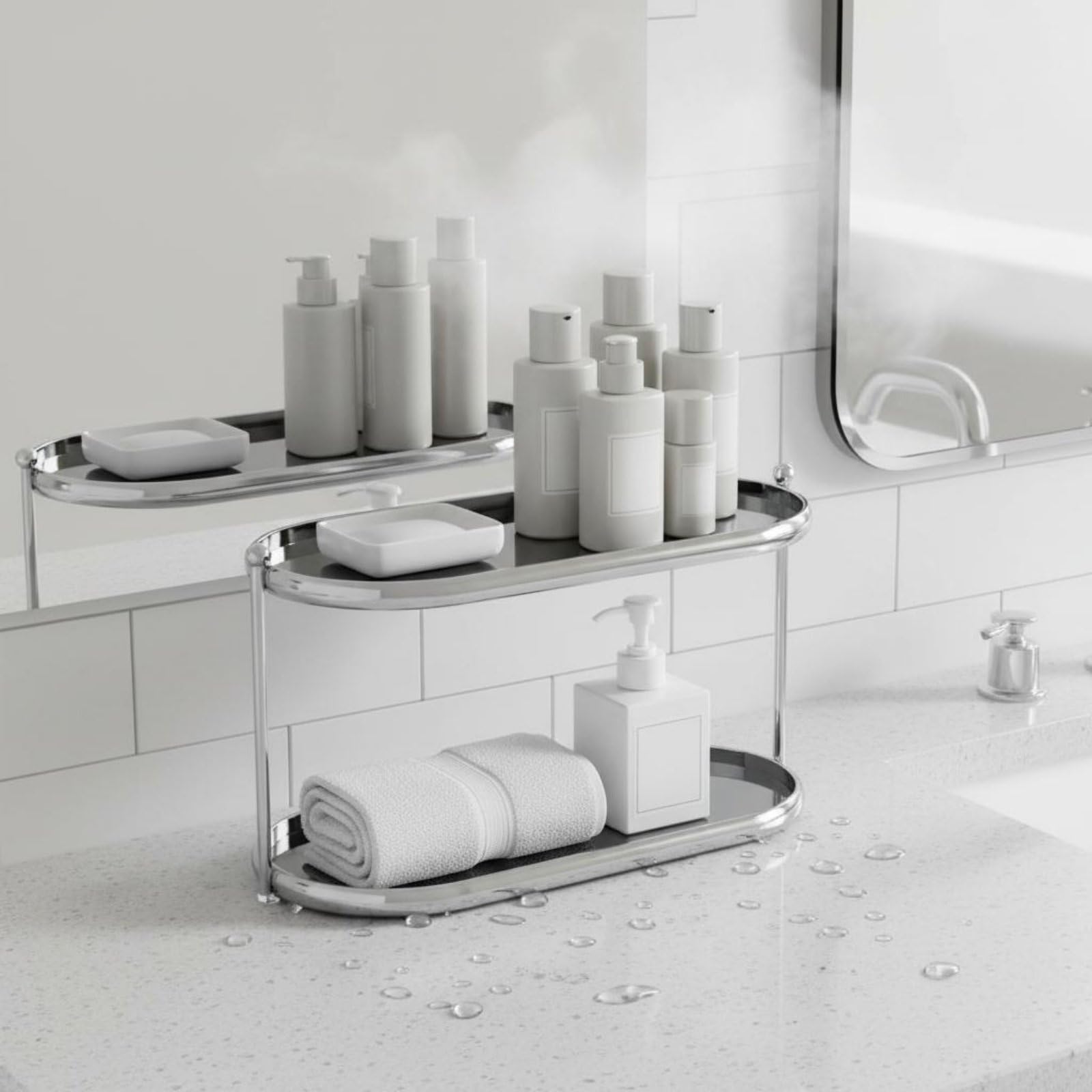 Organizador de Cosméticos Soporte para Maquillaje Estante Acrílico Bandeja de Perfume Organizador Vertical Adecuado para Tocador Mesa Habitación Principal, Plateado Y Crema, Dos Niveles