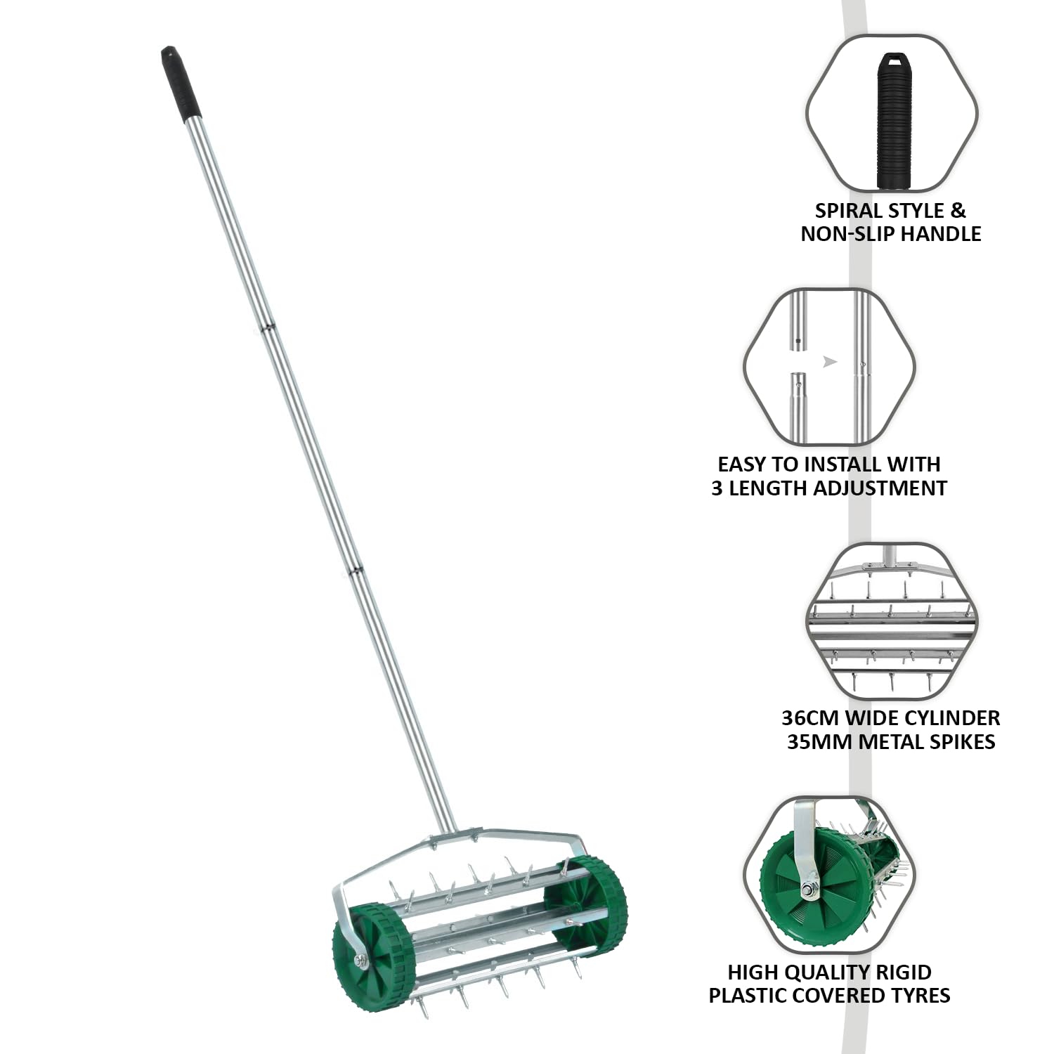 Crystals Rodillo aireador de césped, aireador de jardín, picos de metal resistentes, herramienta aireadora de césped con mango ajustable, herramienta manual de aireación de suelo de jardín con mango