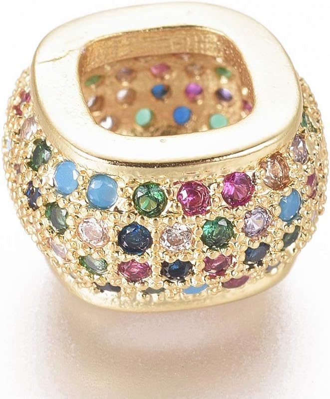 Stisy 10 Pcs Brass Micro Pave Cubic Zirconia Beads Large Hole Beads Rondelle Slide Charm Beads for Snake Chain Bracelet Jewelry Making - 12x12x7mm