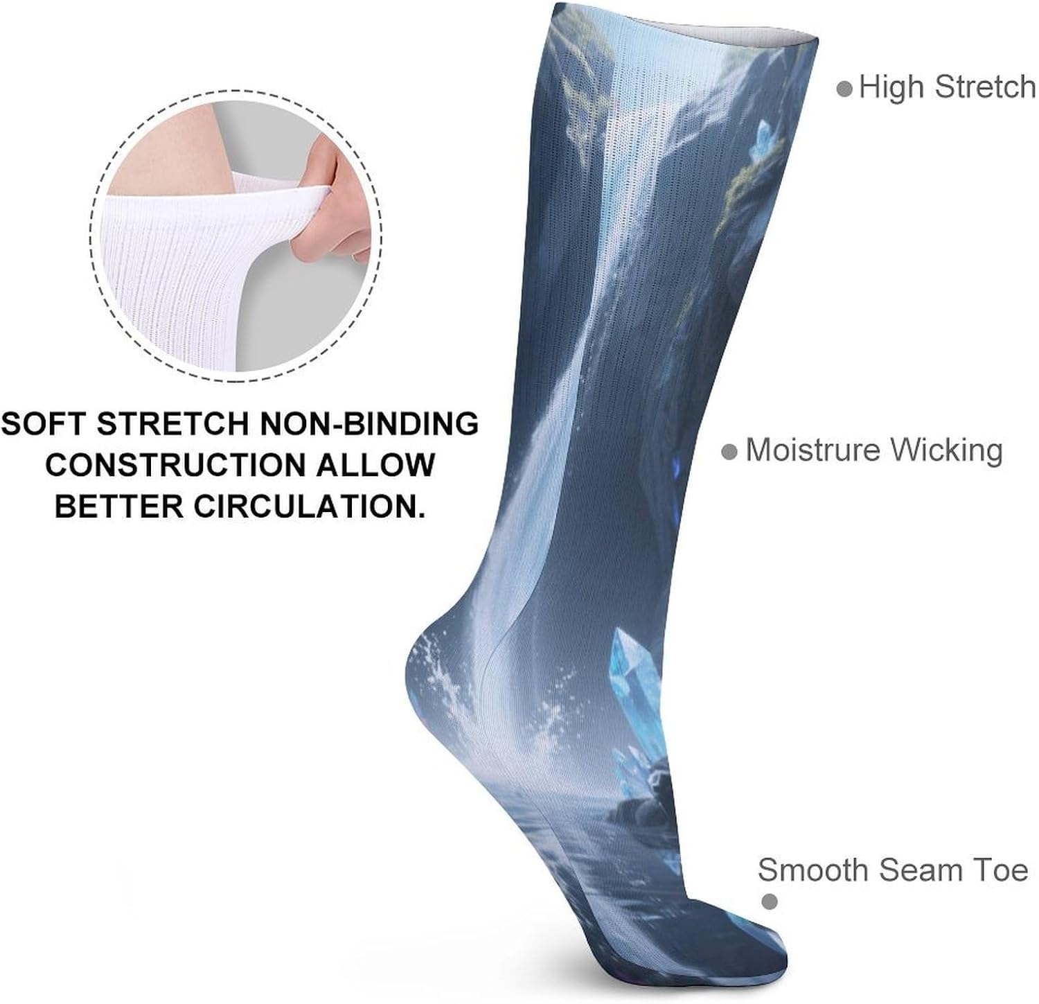 Crystal Waterfall Crew Socks High Stocking Thermal Socks | Tube Socks-Breathable-Moisture-Soft-wicking for Hospital Pilates Yoga for women men Grippy for office and daily walking