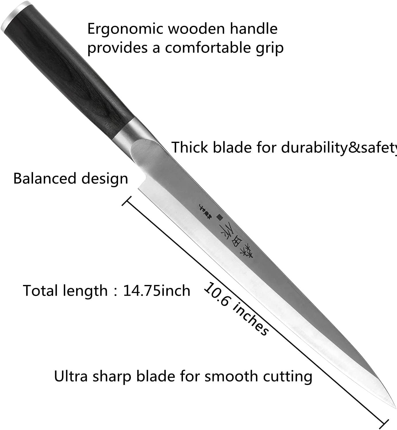 Sushi Knife 9.5 inch(240mm), Sashimi Knife with High Carbon Stainless Steel Blade and Ergonomic Handle for Cutting Sushi & Sashimi, Fish Filleting - Image 3