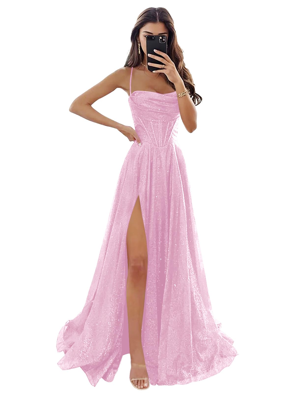 Women's Spaghetti Straps Glitter Tulle Prom Dress with Slit Cowl Neck Long Formal Dress Evening Gown