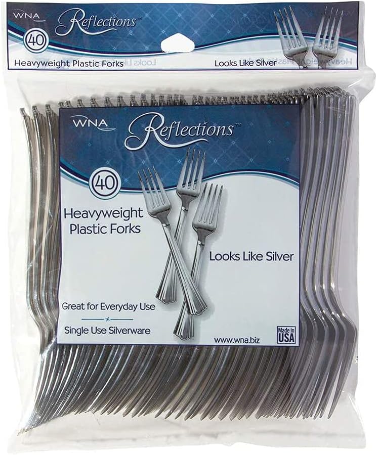 WNA Reflections Heavyweight Plastic Utensils, Fork, Silver, 7", 40/pack, 8 Packs/carton