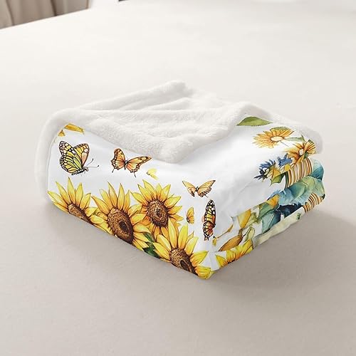 Miniatura 5 de Manta de franela con diseño de girasoles en acuarela, mariposas y animales salvajes, para decoración de cama, sofá, sofá o sillón, manta de forro