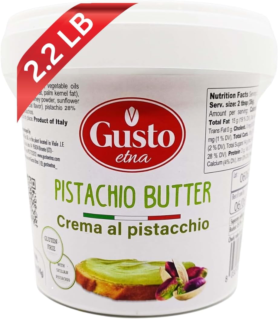 GUSTO ETNA Sicilian Pistachio Cream โ 35% Pistachios, Sweet Spreadable Butter, 2.2 lbs (1 kg) Rich & Nutty Pistachios Cream for Knafeh Dubai Pistachio Chocolate Bars, Product of Sicily, Italy