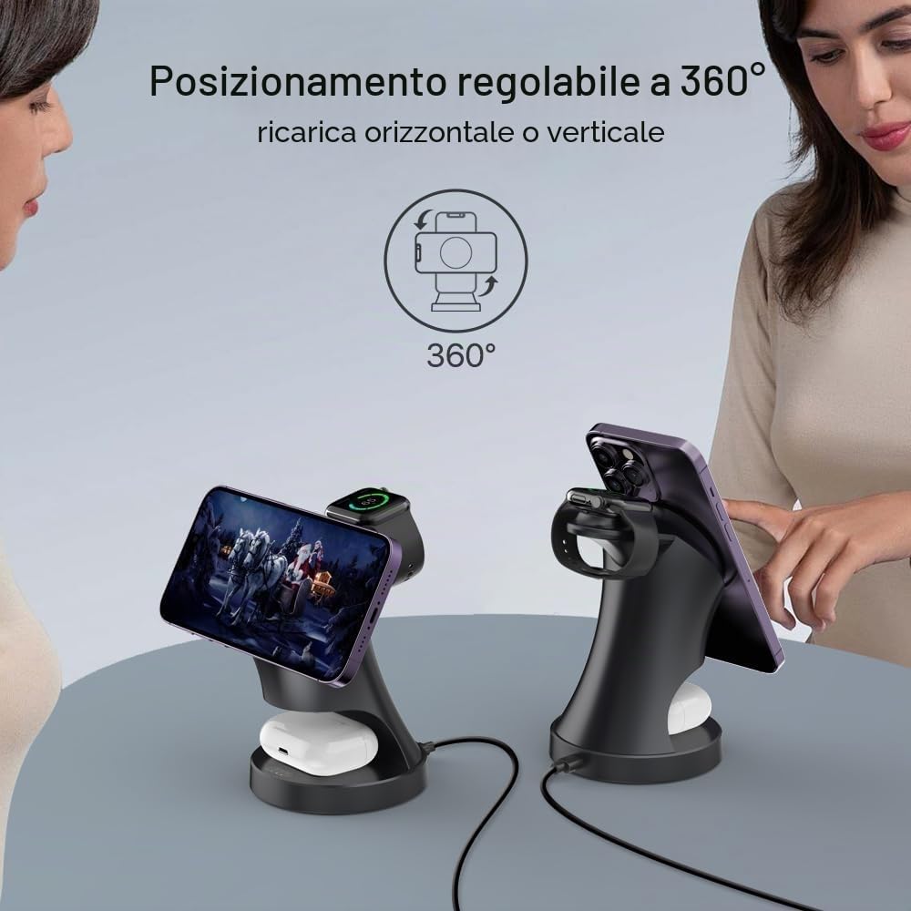 Stazione di ricarica per Apple Watch e iPhone, stazione di ricarica induttiva 3 in 1 con caricatore Magsafe Wireless Charger compatibile con iPhone 17 16 15 14 13 12 Air/Pro Max, per Apple Watch e