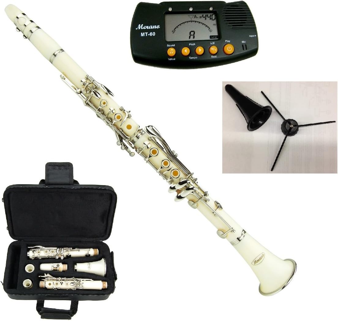 New Merano B Flat WHITE / Silver Clarinet with Case+Metro Tuner+Clarinet Stand+11 Reeds
