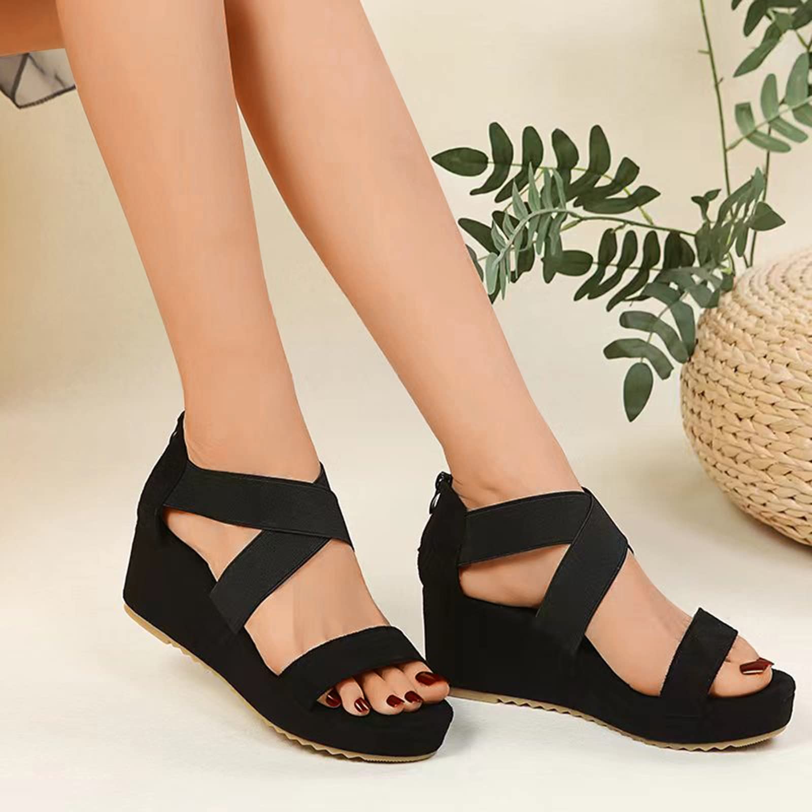 Sandali larghi per donna moda estate tinta unita camoscio aperto Toe croce elastico zeppa sandali donna sandali, Nero , 40 EU