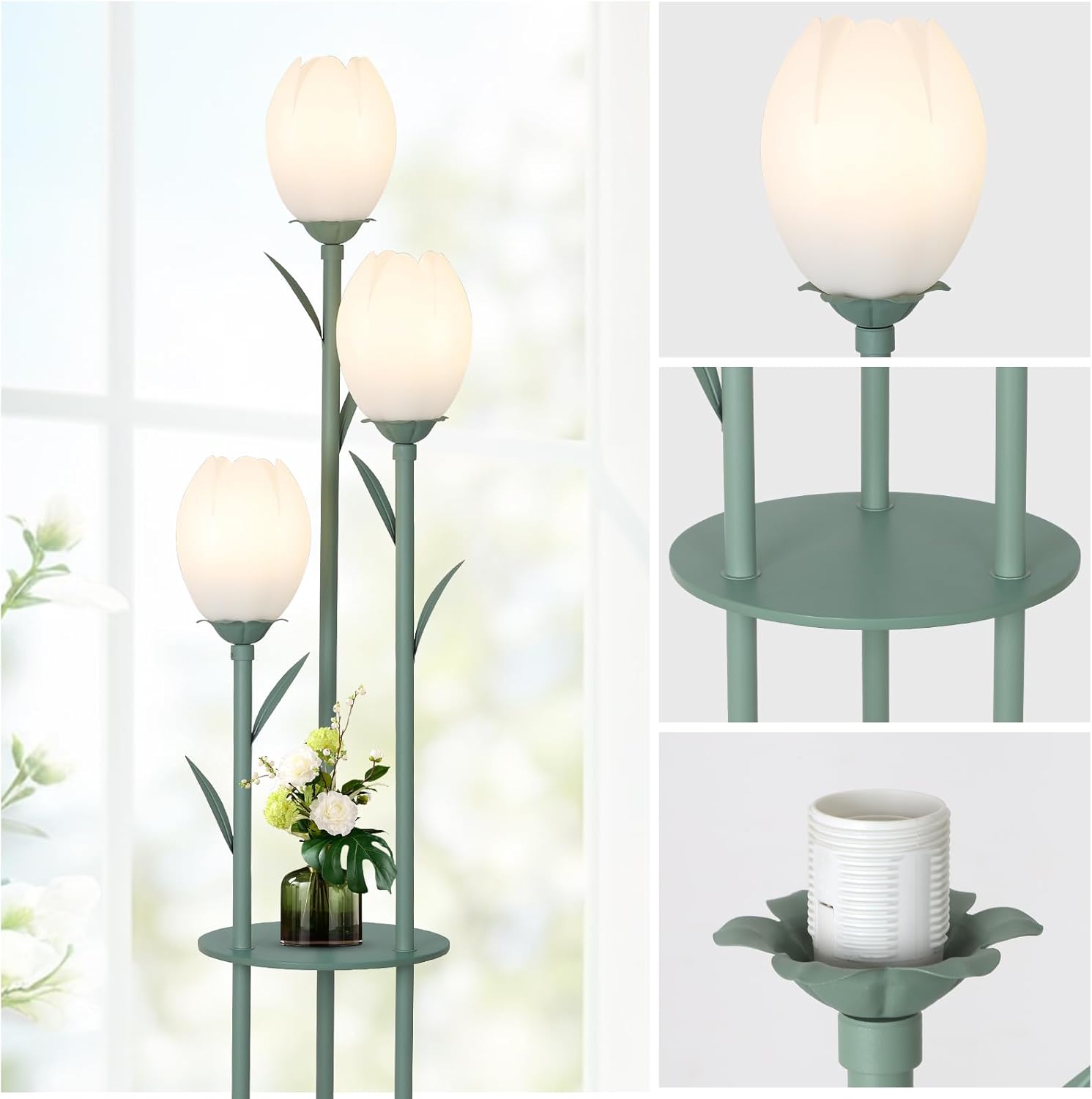 3-Light Flower Floor Lamps for Living Room, Green Floor Lamp with Shelves, Unique Tulip Standing Lamp with 3 LED Blubs, Cute Floral Tall Lamp, Modern Stand Up Light Decor for Bedroom, Kids Room
