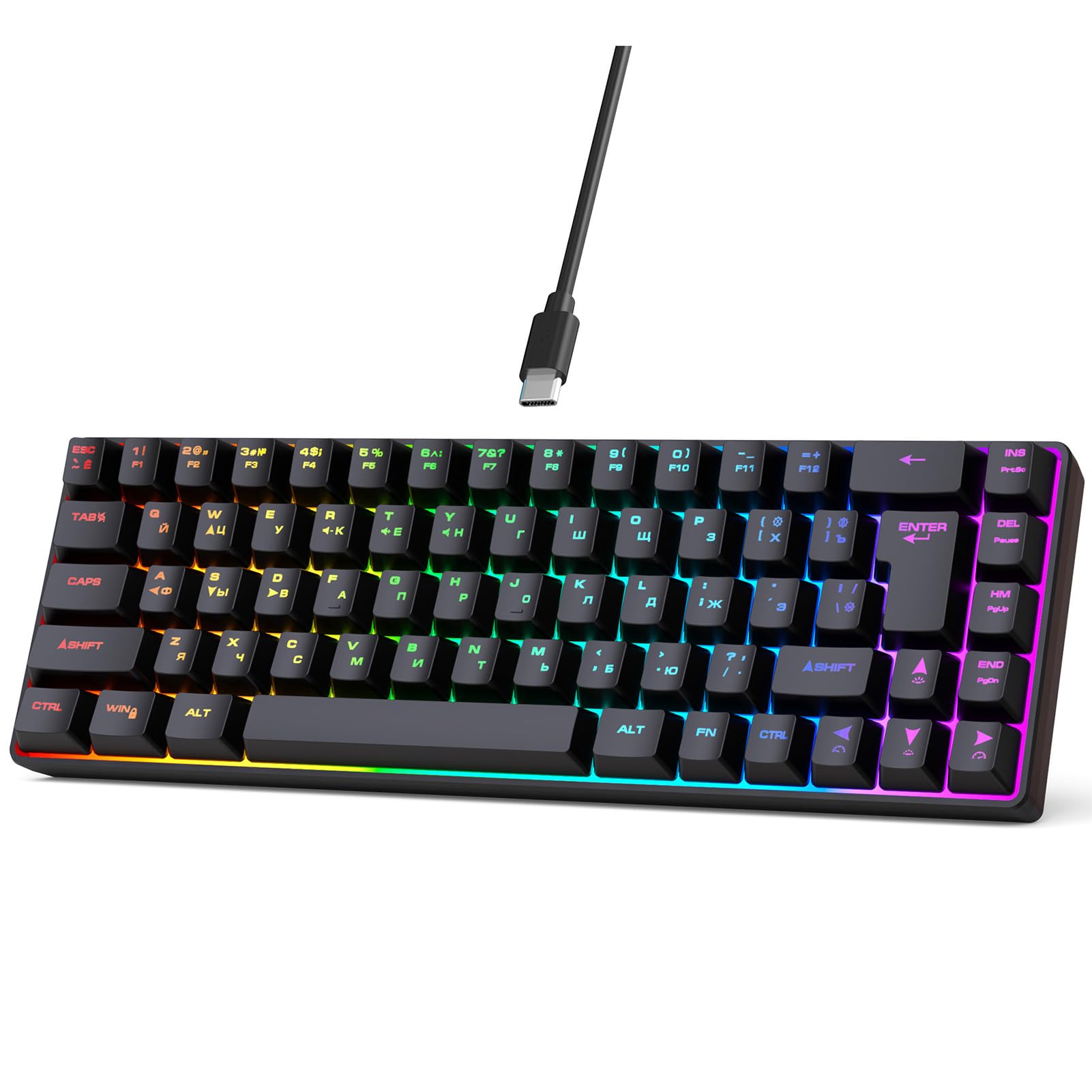 Asixxsix RGB LED Backlit Mechanical Gaming Keyboard with Russian English, 68 Key Ergonomic Wired Mechanical Keyboard for Home and Office Keyboards, Computer Keyboards (Black)