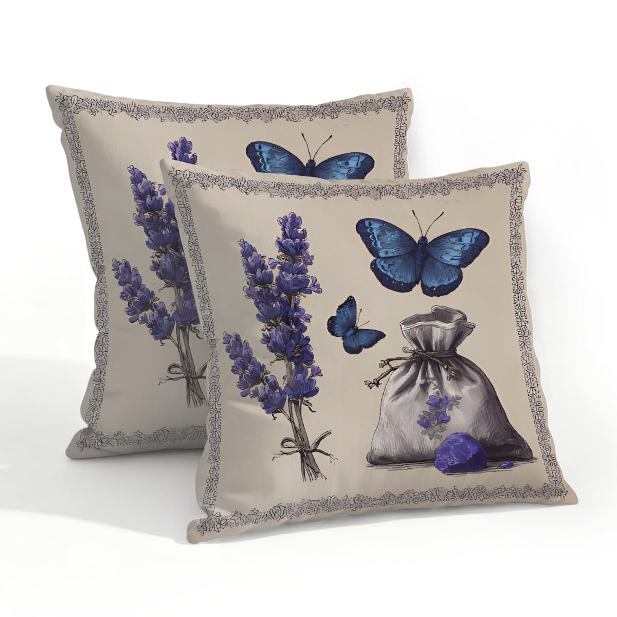 Outdoor Pillow Covers Waterproof Pillowcases 20x20in Set of 2 Lavender Flower Butterfly On Vintage Decorative Throw Cushion Case for Couch Sofa Garden Patio Furniture