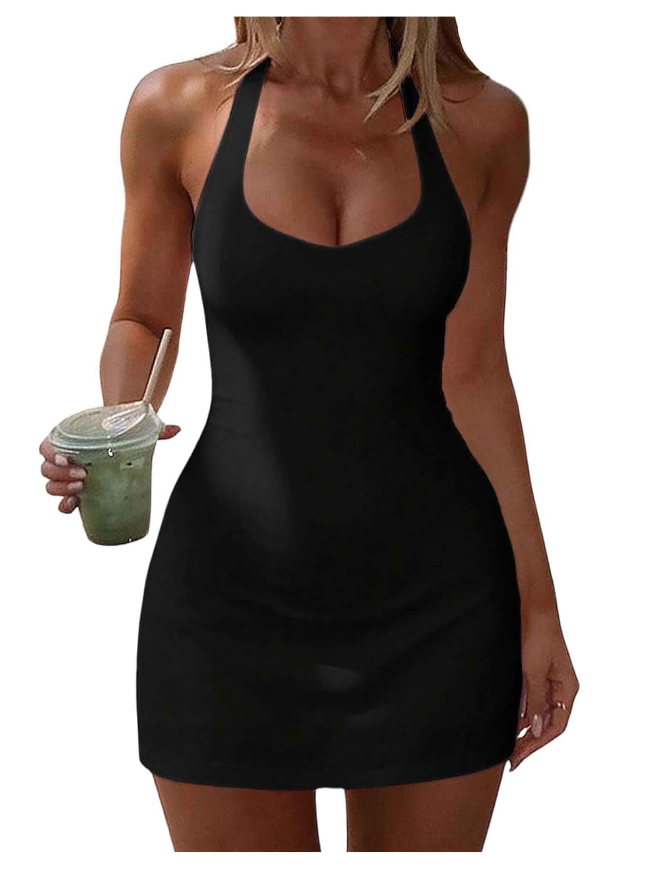 SOLY HUX Women's Halter Bodycon Summer Dresses Sleeveless Open Back Party Club Mini Tank Dress Sleeveless