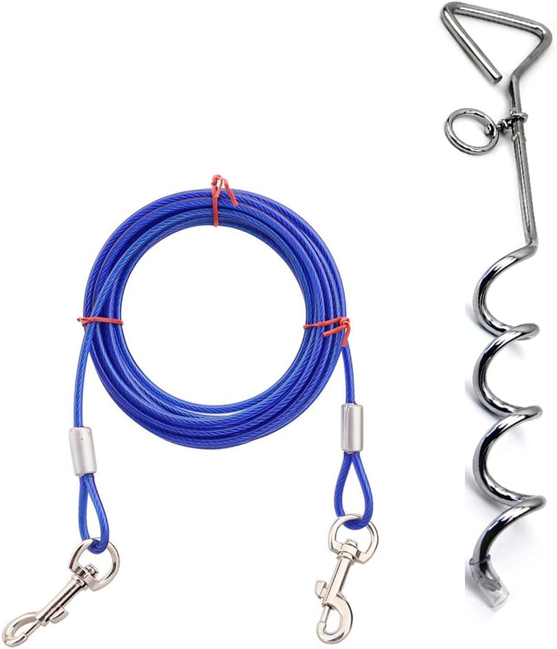 Dog Tie Out Cable And Stake Set, Pet Dog Freedom Metal Ring Spiral Stake With 3m 5m 10m Cable For Yard Outdoor Camping Walking, Ground Run Tie Out Cable For Small to Medium Dogs (10m Cable, Blue)