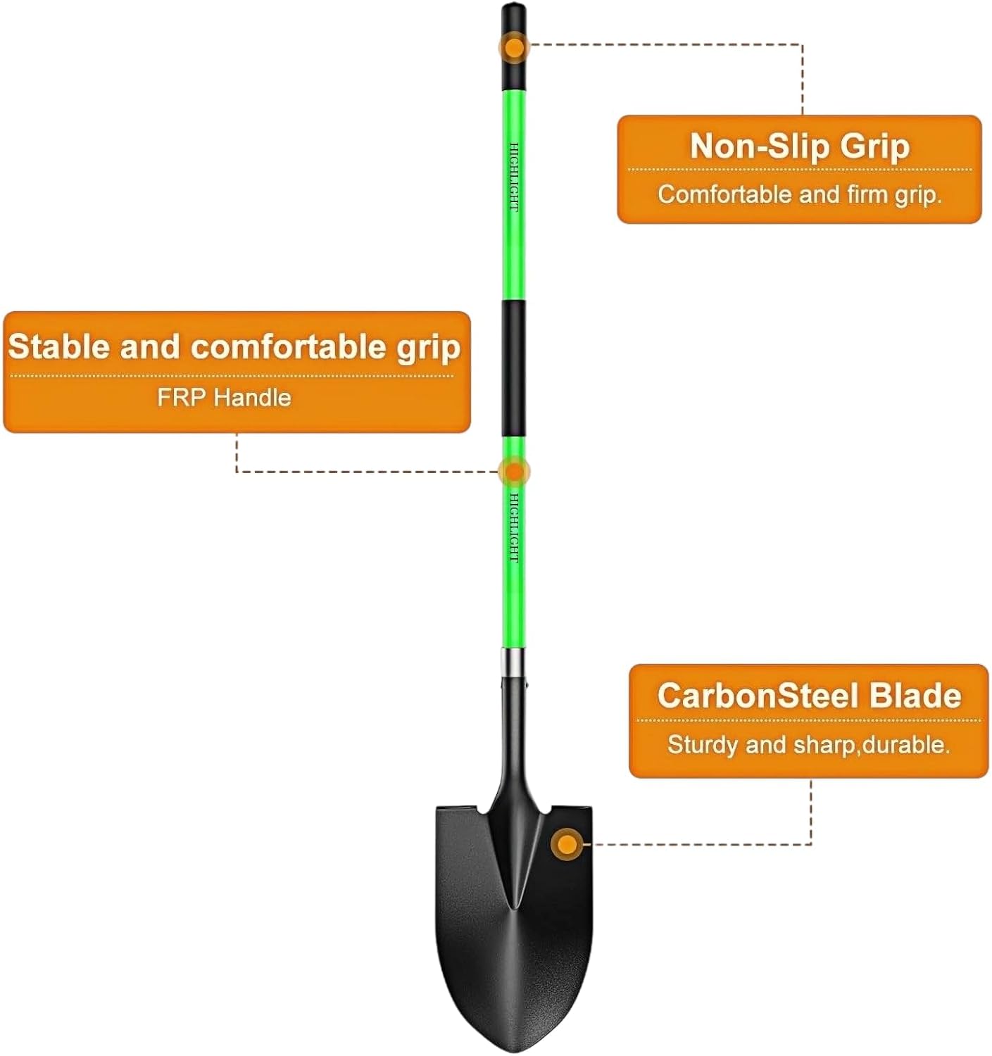 HIGHLIGHT Spade, Heavy Duty Gardening Shovel, Garden Shovel 56 inch for Digging, Round Shovel with D-Handle, for Garden,Beach, Snow, Fiberglass Handle (Green)
