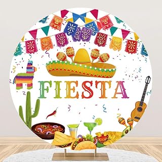 Renaiss 7.2x7.2ft Round Mexican Fiesta Backdrop Covers Sombrero Mexico Carnival Circle Photography Background Cinco De Mayo Mexican Theme Birthday Taco Twosday Party Decors Arch Photo Booth Props