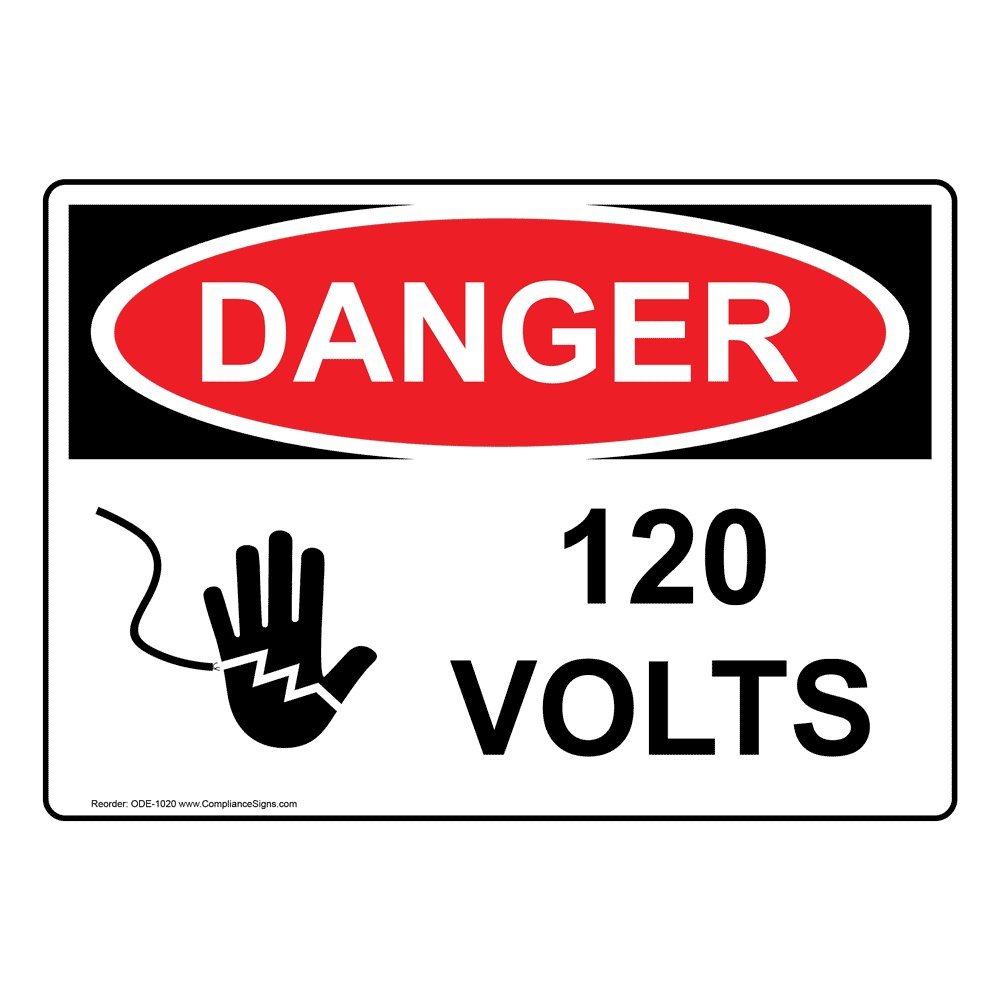 ComplianceSigns.com Danger 120 Volts OSHA Safety Label Decal, 5x3.5 in. Vinyl 4-Pack for Electrical