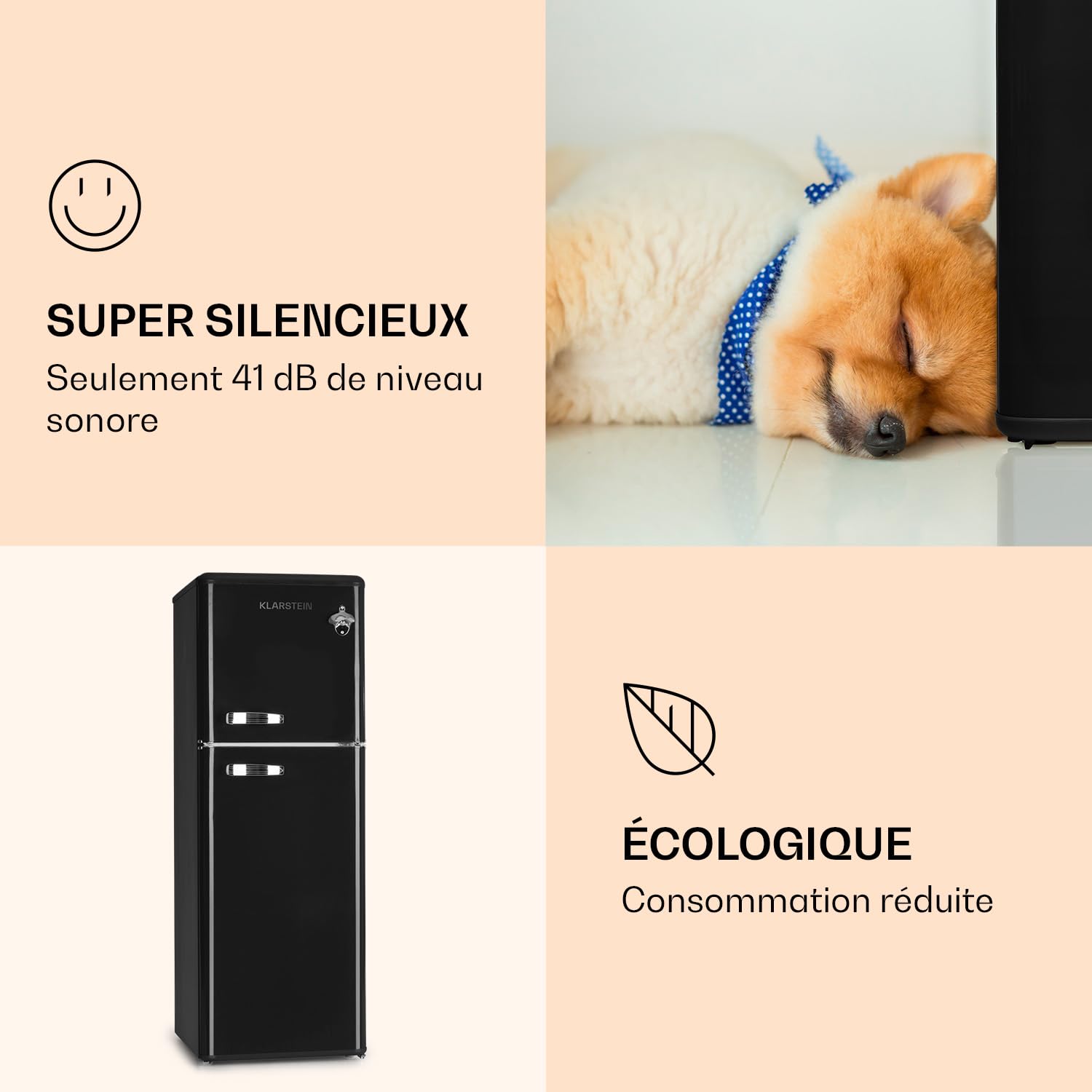 KLARSTEIN Audrey Retro - Réfrigérateur-congélateur combiné rétro, réfrigérateur et congélateur, capacité de refroidissement variable en continu, éclairage intérieur, niveau sonore 41 dB, noir