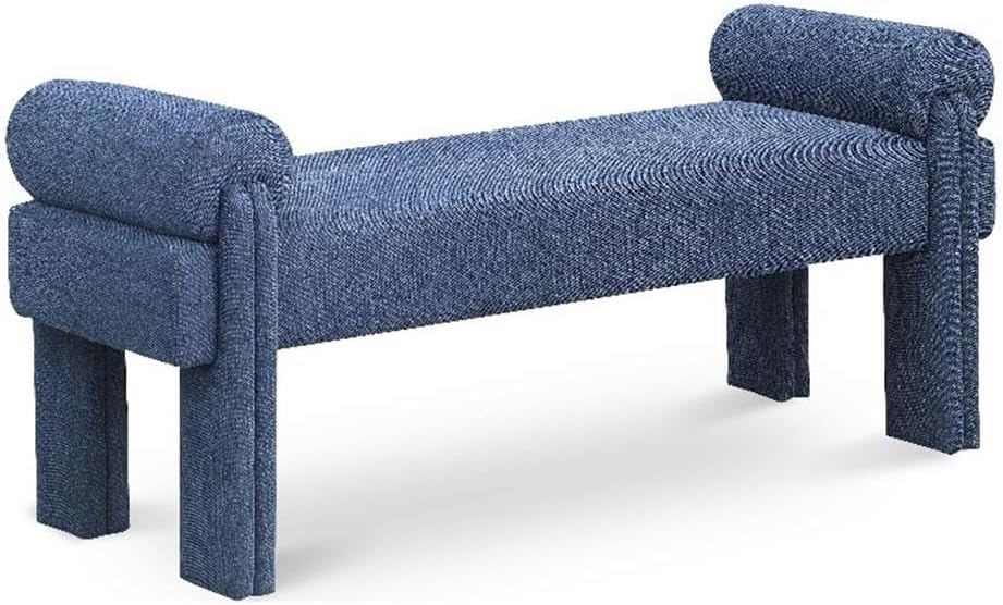 Pemberly Row Contemporary Transitional Fabric Bench, 55" W x 19.5" D x 23.5" H, Soft Navy Polyester, Rounded Pillow Arms, Art Deco Design, Entryway/Foyer Seat or Bedroom Bench
