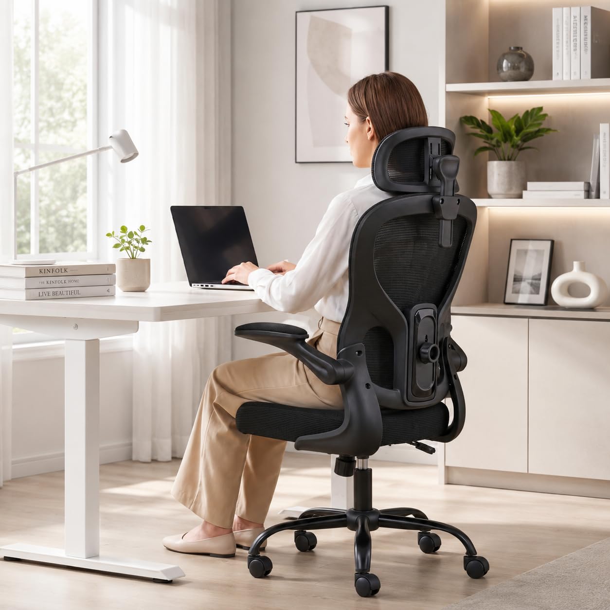 Ergonomic Office Chair with Adjustable Headrest & Lumbar Support, High Back Mesh Desk Chair, 400 LBS Capacity Swivel Computer Chair with Flip-Up Arms, Home Office Gaming Chair (Black)