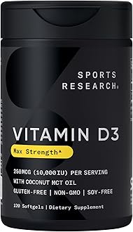 Sports Research® Vitamin D3 10,000iu (250mcg) with Coconut MCT Oil - Max Strength Vitamin D Supplement - Gluten Free · Non-GMO · Soy Free - 120 Count Softgels