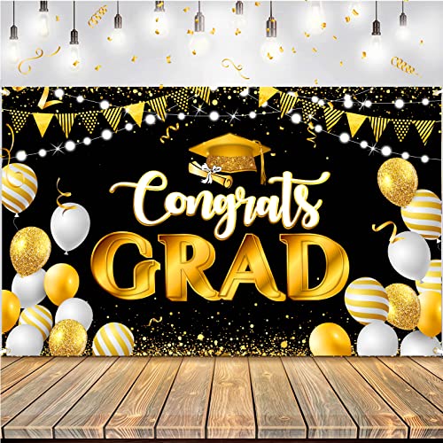 2023 Graduation Party Decorations - 72X44 Inch Congrats Grad Banner Black&Gold Graduation Backdrop Graduation Party Supplies, Photo Booth Props For School Home Indoor & Outdoor #TOP5